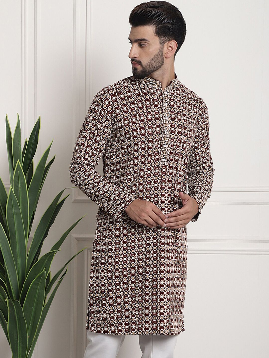 SOJANYA Kurta Kolar Mandarin Sulam Geometrik