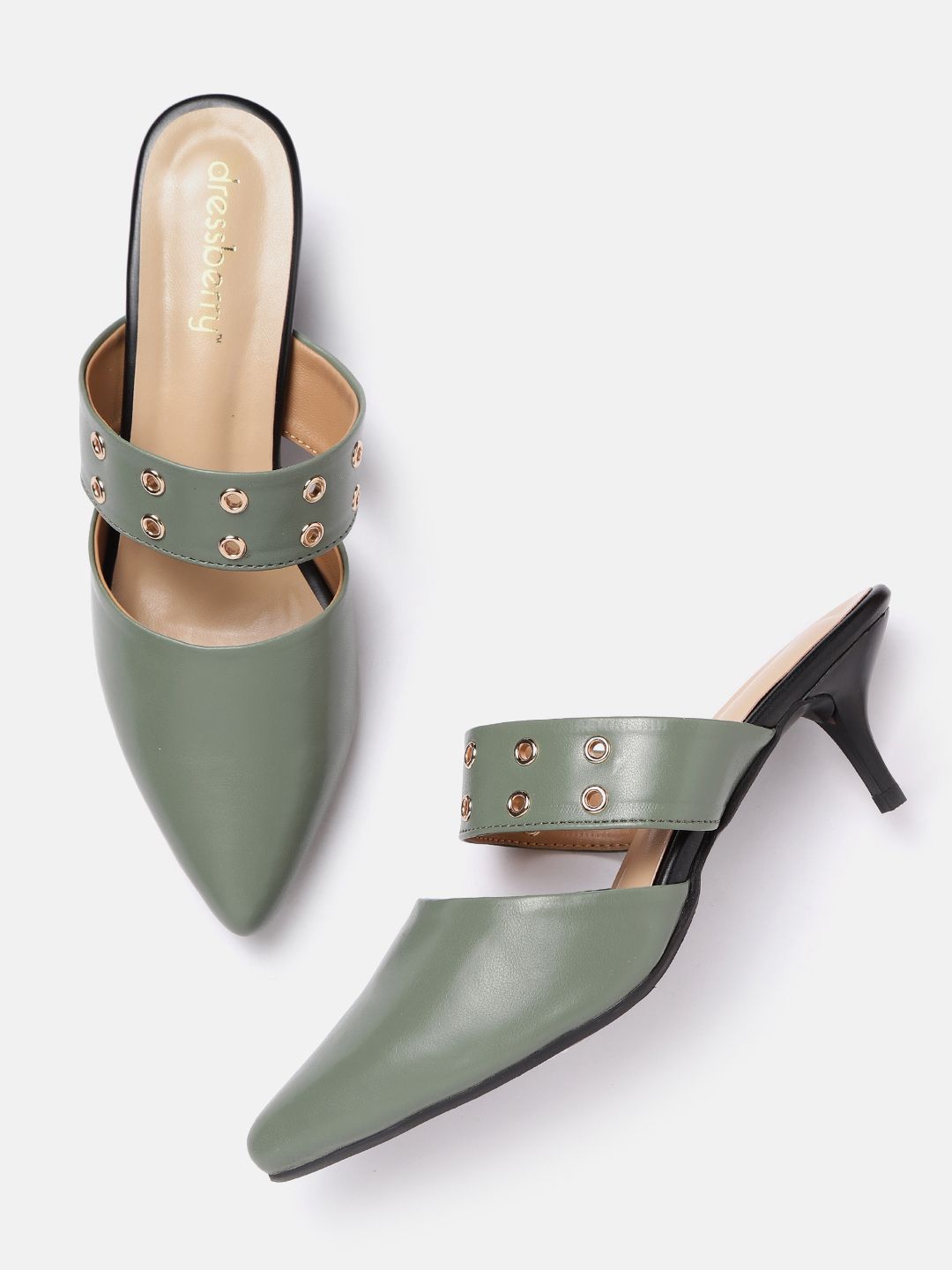DressBerry Women Olive Green Solid Heeled Mules with Rivets Details