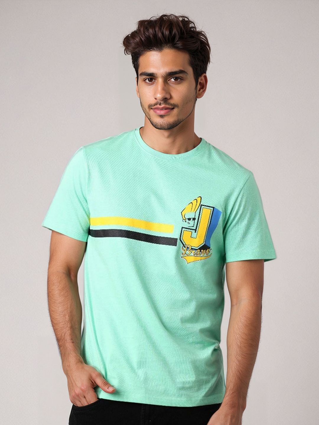 The Indian Garage Co Men Johnny Bravo Striped Round Neck Cotton Slim Fit T-shirt