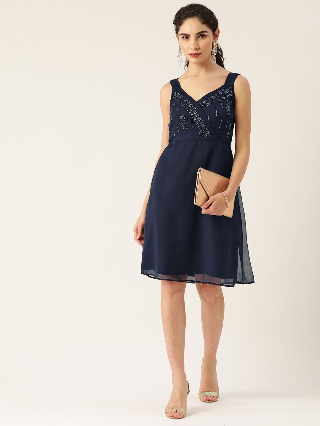 Antheaa Navy Blue Georgette Embellished Wrap Dress