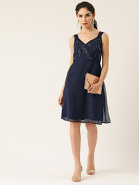 Antheaa Navy Blue Georgette Embellished Wrap Dress