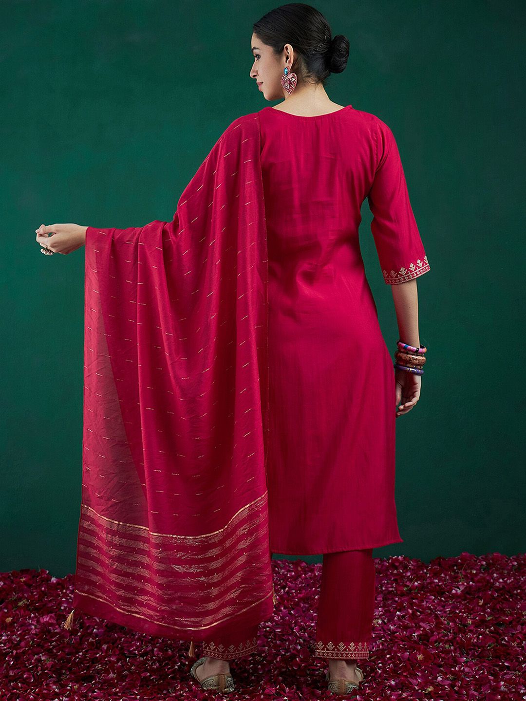 Indo Era Embroidered Sequinned Chanderi Silk Straight Kurta With Trousers & Dupatta