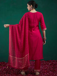 Indo Era Embroidered Sequinned Chanderi Silk Straight Kurta With Trousers & Dupatta