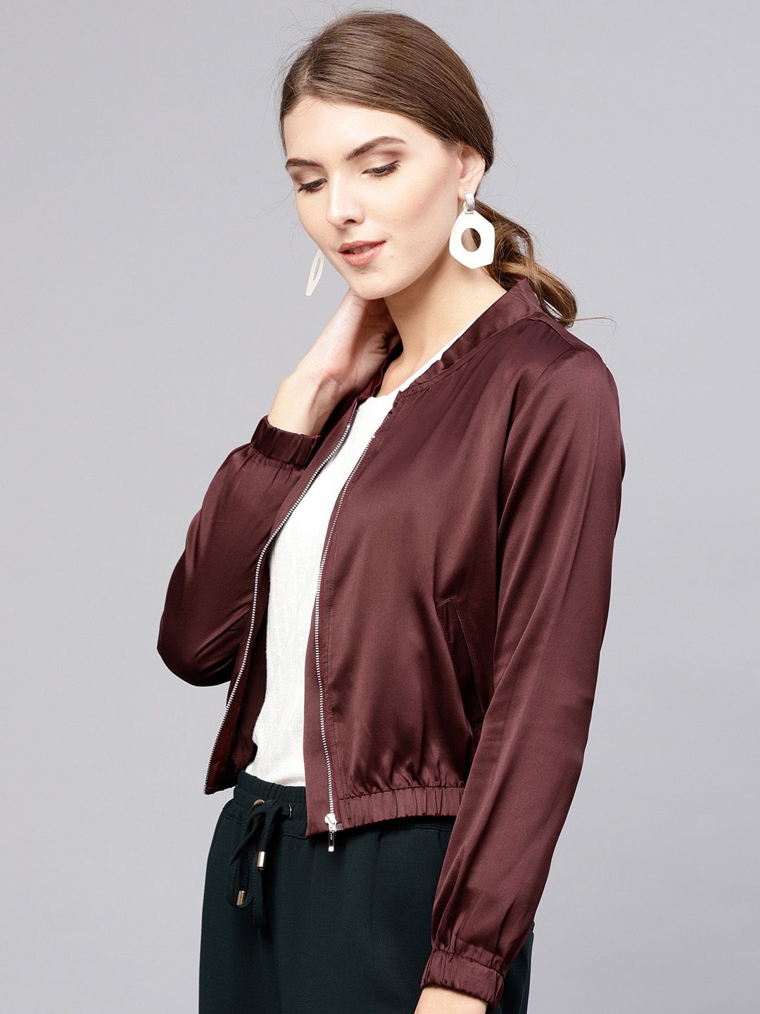 STREET 9 Women Burgundy Solid Satin Cropped Bomber Jacket