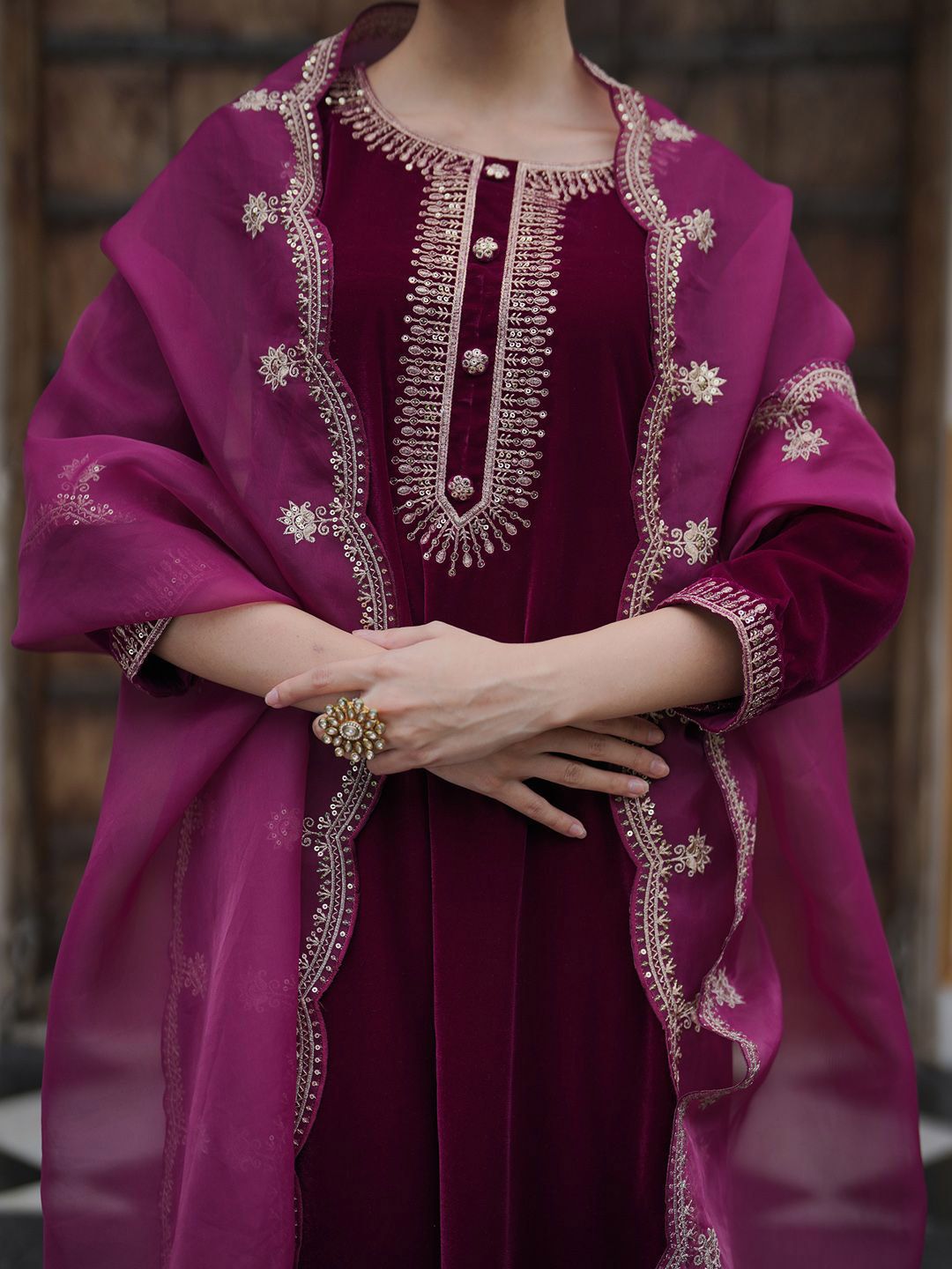 Indo Era Women Ethnic Motifs Embroidered Regular Velvet Kurta with Trousers & With Dupatta