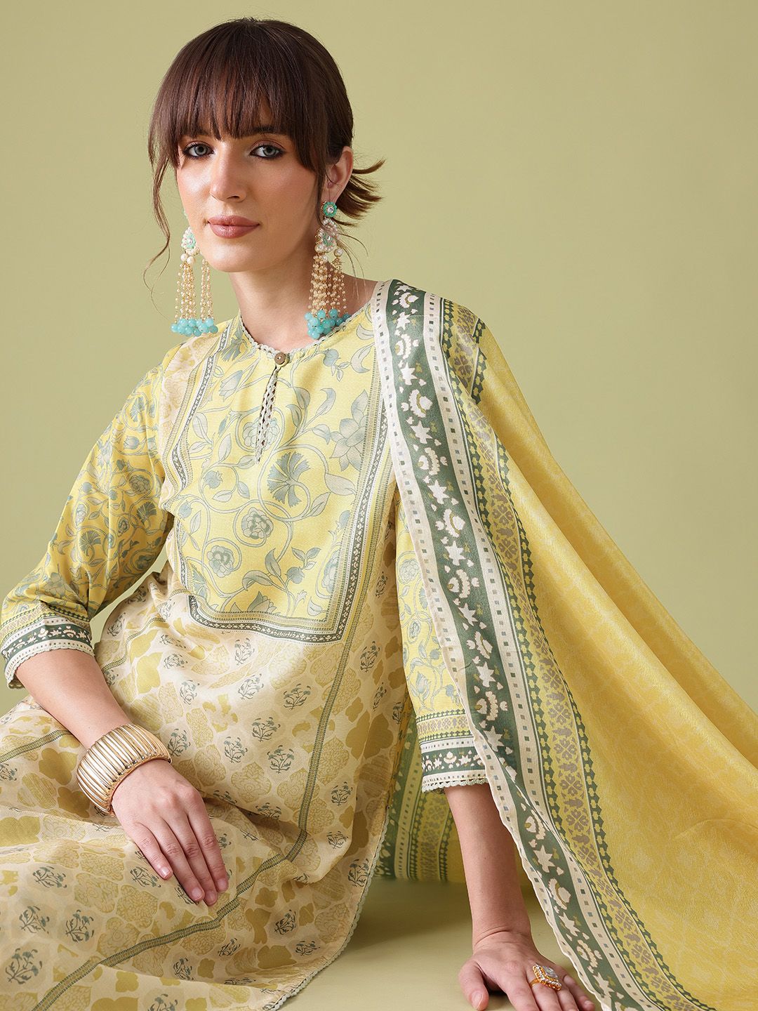 Anouk Indie Floral Printed Keyhole Neck Kurta with Palazzos & Dupatta