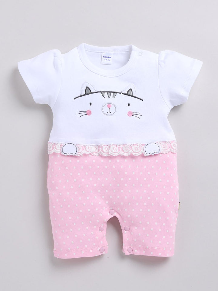 Moms Love Infant Girls Printed Cotton Rompers with Applique Detail