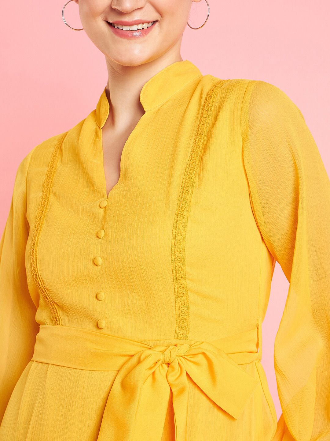 Antheaa Yellow V-Neck Balut Bishop Lengan Fit & Flare Midi Party Dress