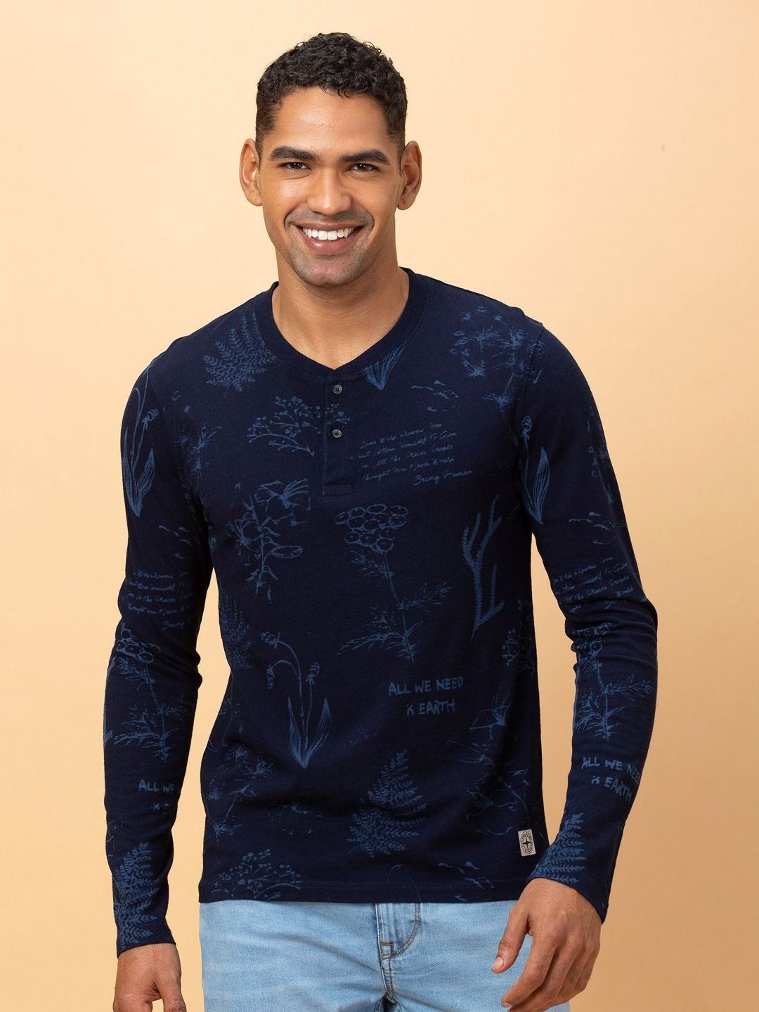 Being Human Pure Cotton Printed Henley Neck Raw Edge T-shirt