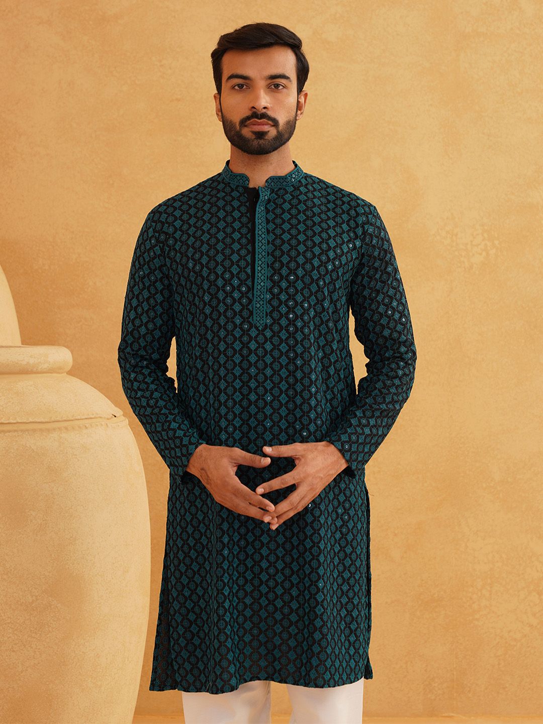 SOJANYA Kurta Lurus Labuci Sulam Geometrik Kapas Tulen