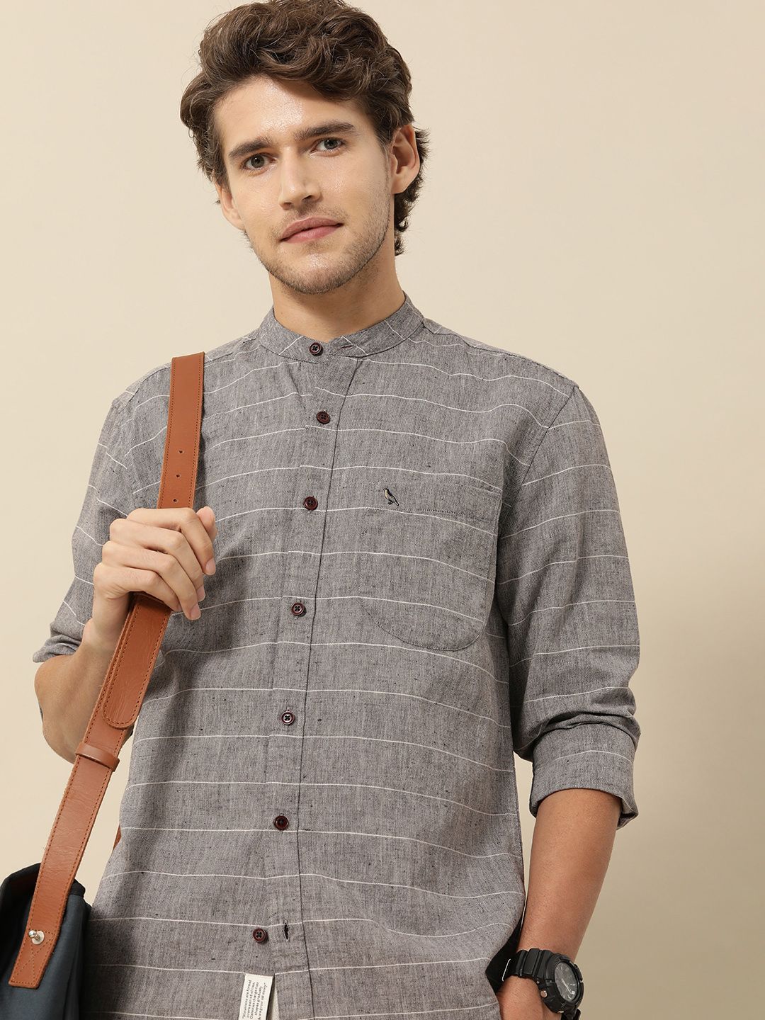 Mr Bowerbird Men Grey Tailored Fit Horizontal Stripes Casual Shirt
