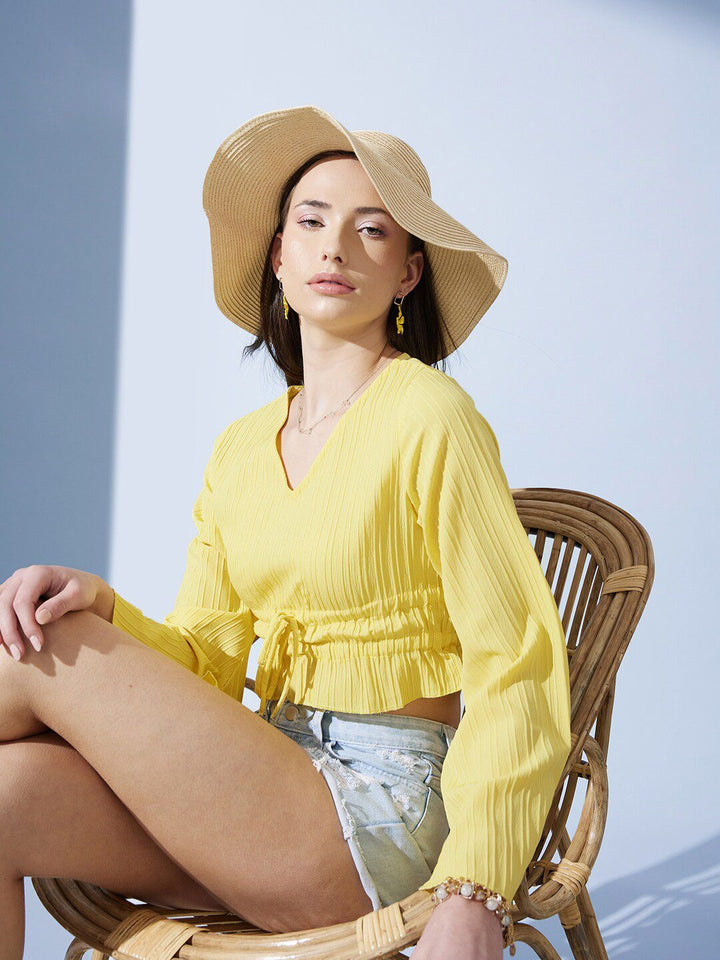 STREET 9 Pure Cotton Yellow Striped Bell Sleeves Cinched Waist Crop Top