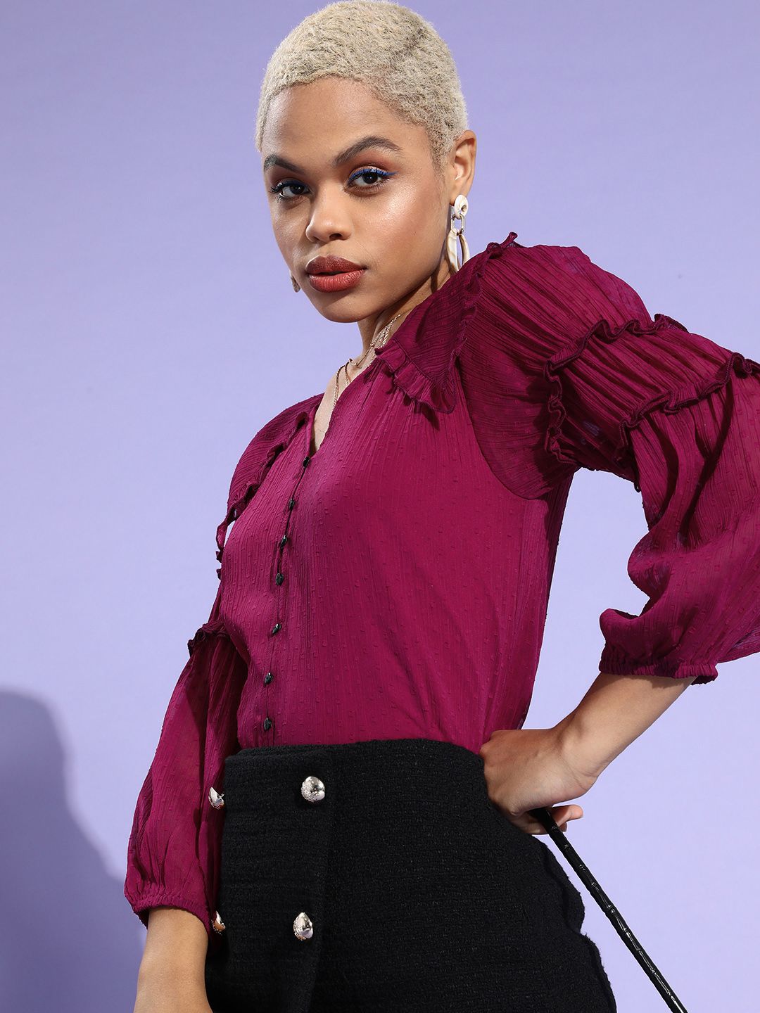Antheaa Women Purple Solid Peter Pan Collar Top