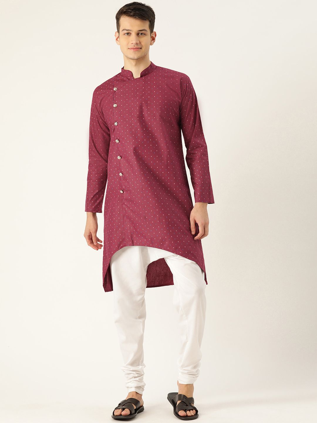 SOJANYA Men Maroon & Blue Printed Asymmetric Angrakha Kurta