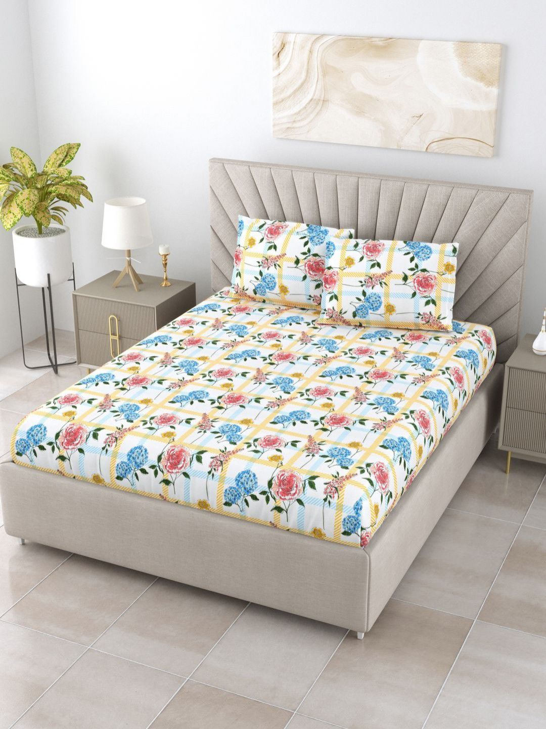 BOMBAY DYEING Florentine White Floral Pure Cotton 144TC Queen Bedsheet Set 2.28 m X 2.54 m