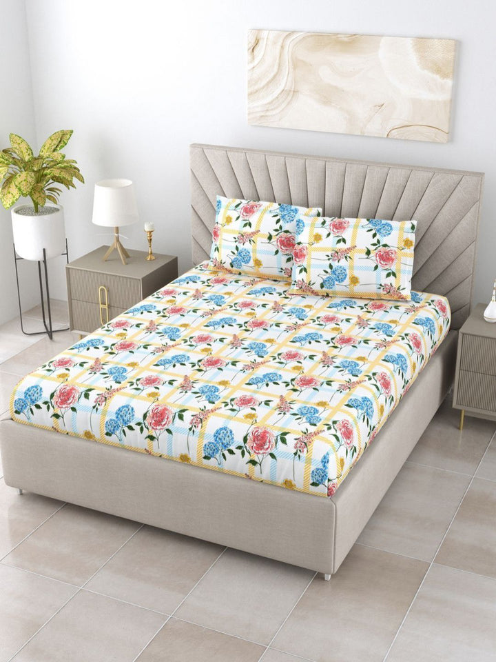 BOMBAY DYEING Florentine White Floral Pure Cotton 144TC Queen Bedsheet Set 2.28 m X 2.54 m
