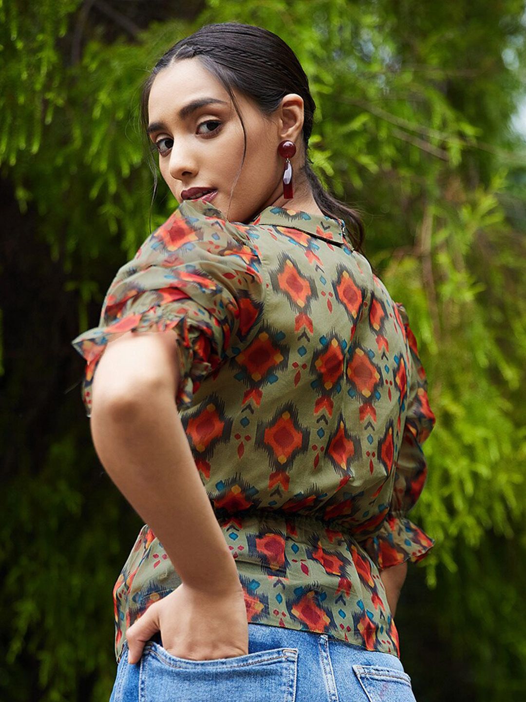 Athena Green & Rust Geometric Print Peplum Top