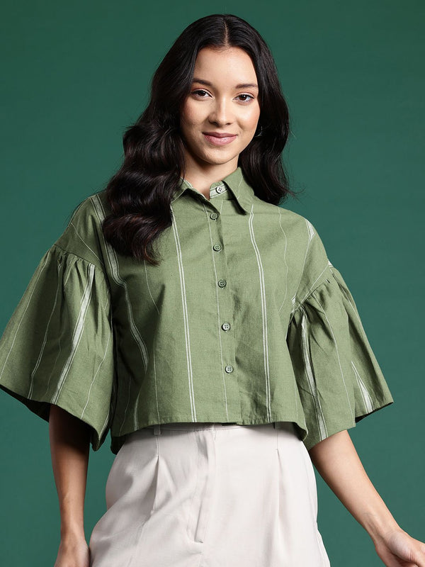 DressBerry Women Boxy Flared Sleeves Striped Casual Pure Cotton Shirt