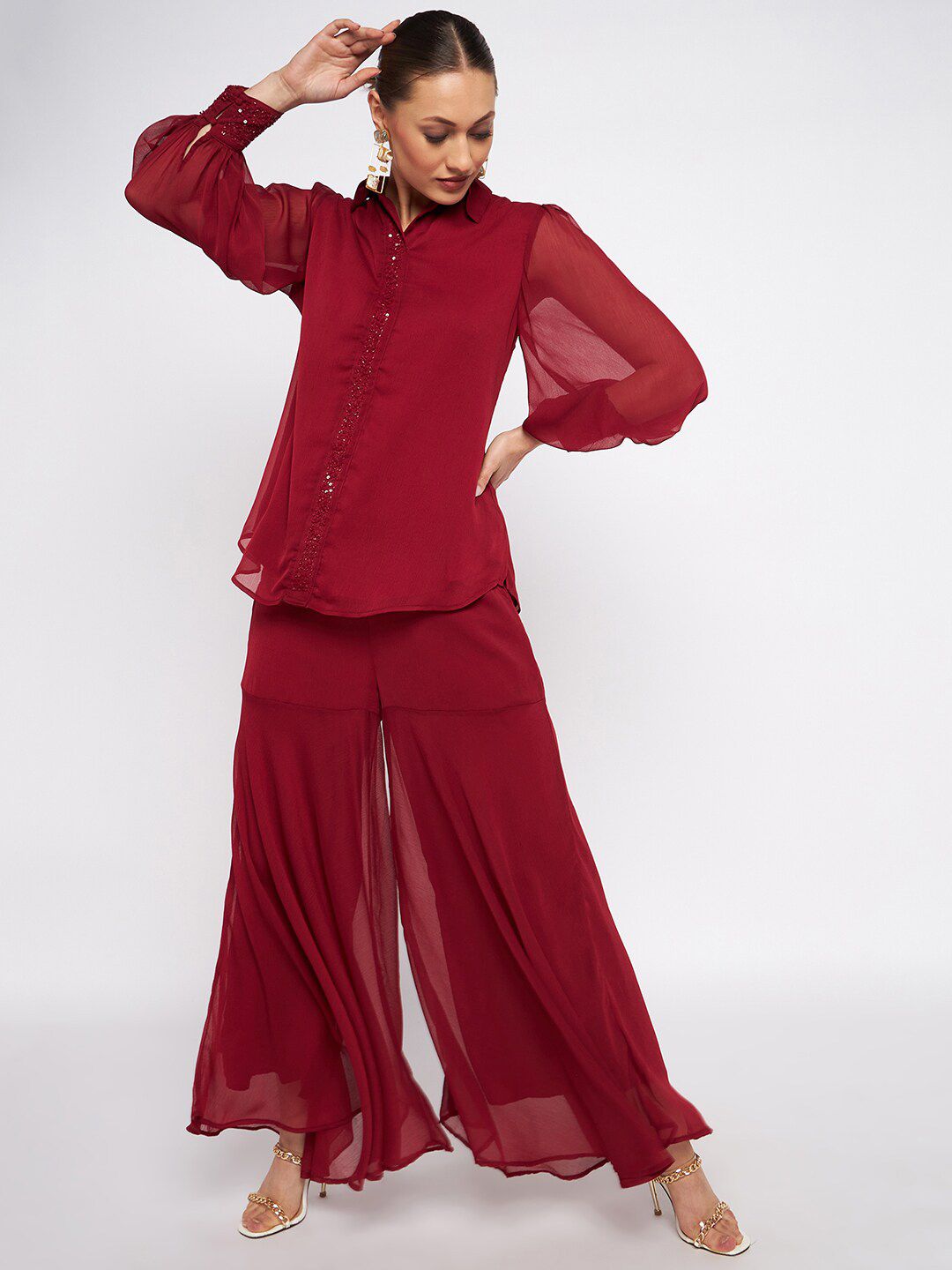 Antheaa Embellished Shirt Collar Long Sleeves Top & Sharara
