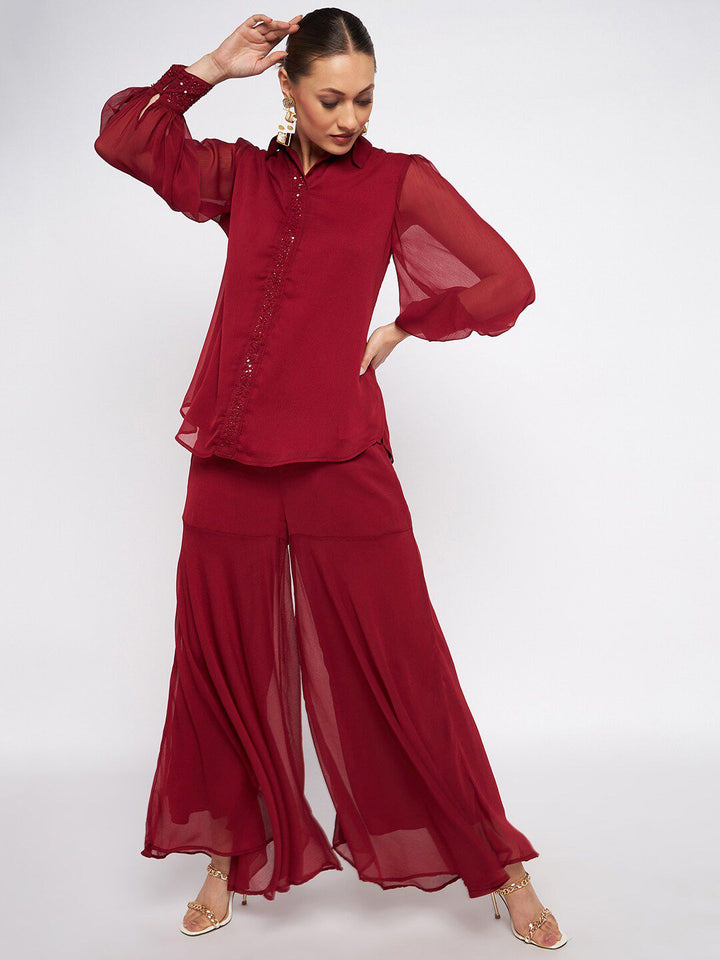 Antheaa Embellished Shirt Collar Long Sleeves Top & Sharara