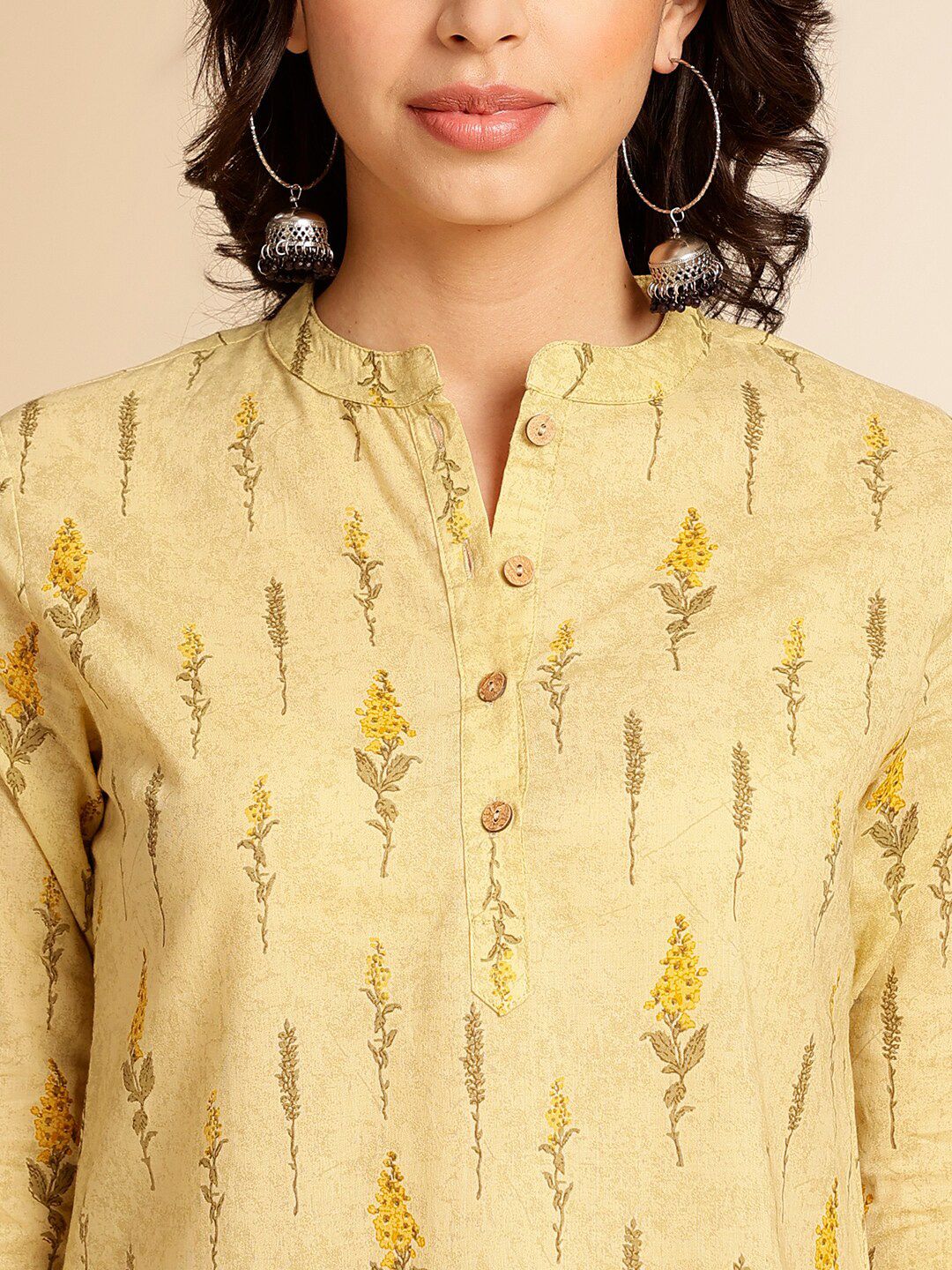 Anouk Mustard Yellow Botanical Printed Mandarin Collar Pure Cotton Short Kurti