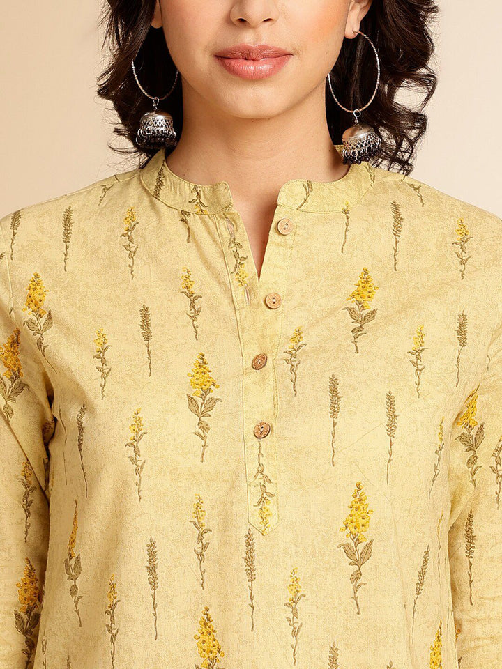 Anouk Mustard Yellow Botanical Printed Mandarin Collar Pure Cotton Short Kurti