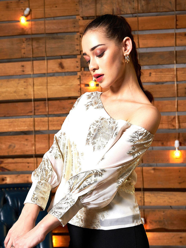 SASSAFRAS White & Gold-Toned Cuffed Sleeves Floral Printed One Shoulder Top
