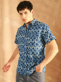 DENNISON Smart Printed Spread Collar Short Sleeves Cotton Lightweight Shirt