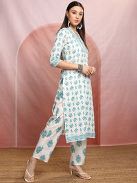 Vishudh White & Green Floral Printed Regular Pure Cotton Kurta with Trousers & Dupatta