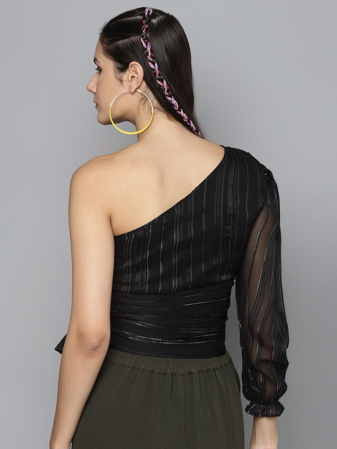 Sassafras Black & Silver Striped One Shoulder Puff Sleeves Cinched Waist Crop Top
