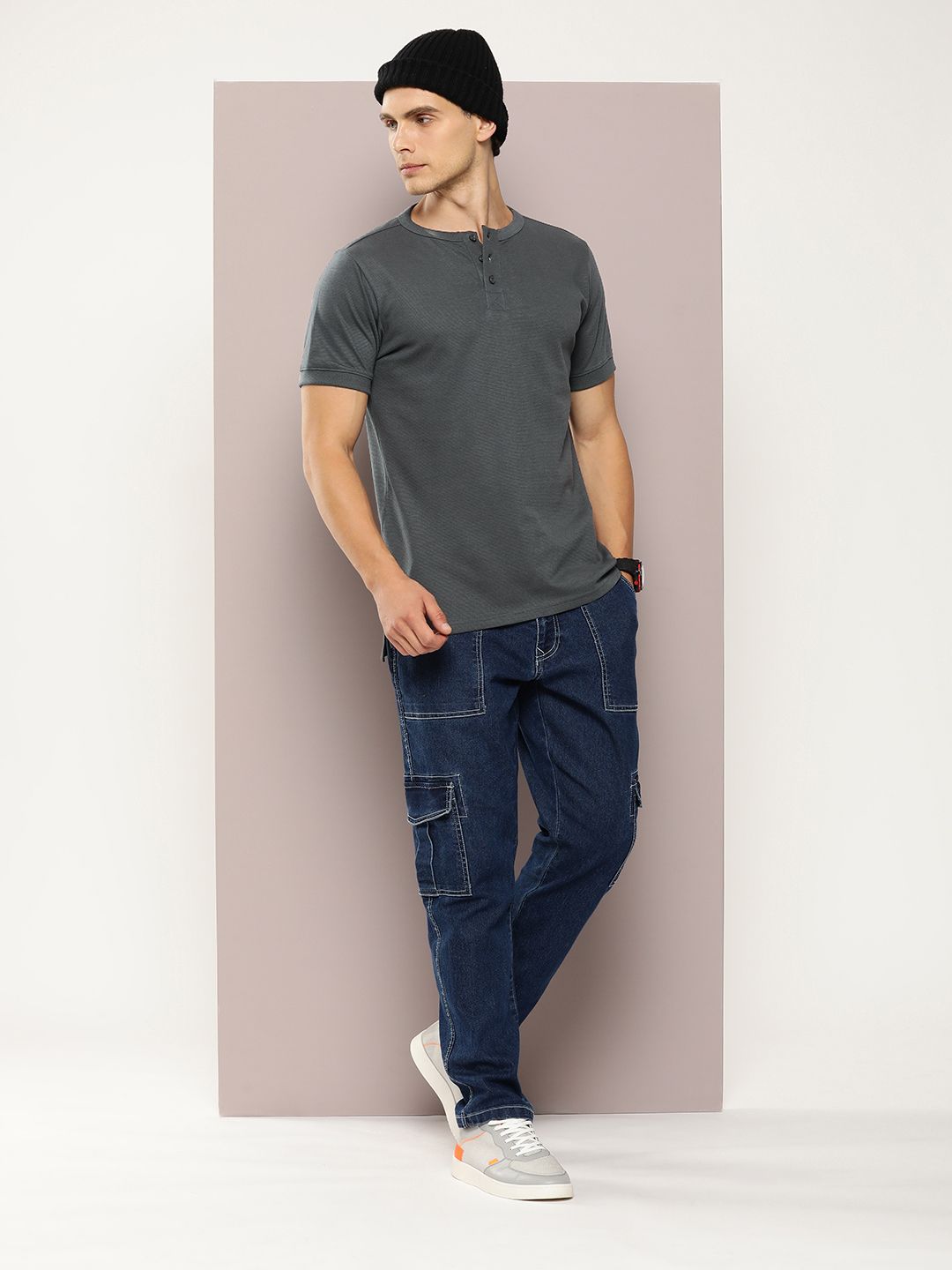 DILLINGER Men Henley Neck Honeycomb Structure T-shirt