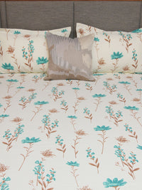 URBAN SPACE White Printed 200 TC Fitted Cotton Double King Bedsheet With 2 Pillow Covers