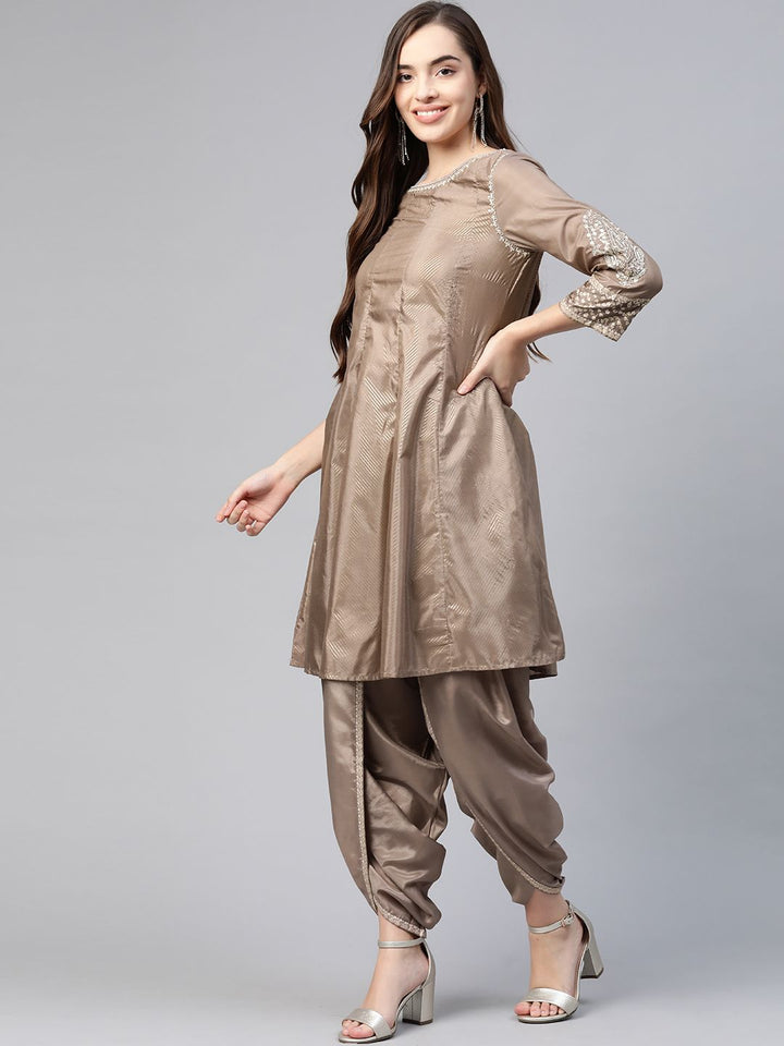 W Women Brown Striped Panelled Sequinned Kurta with Dhoti Pants & Dupatta