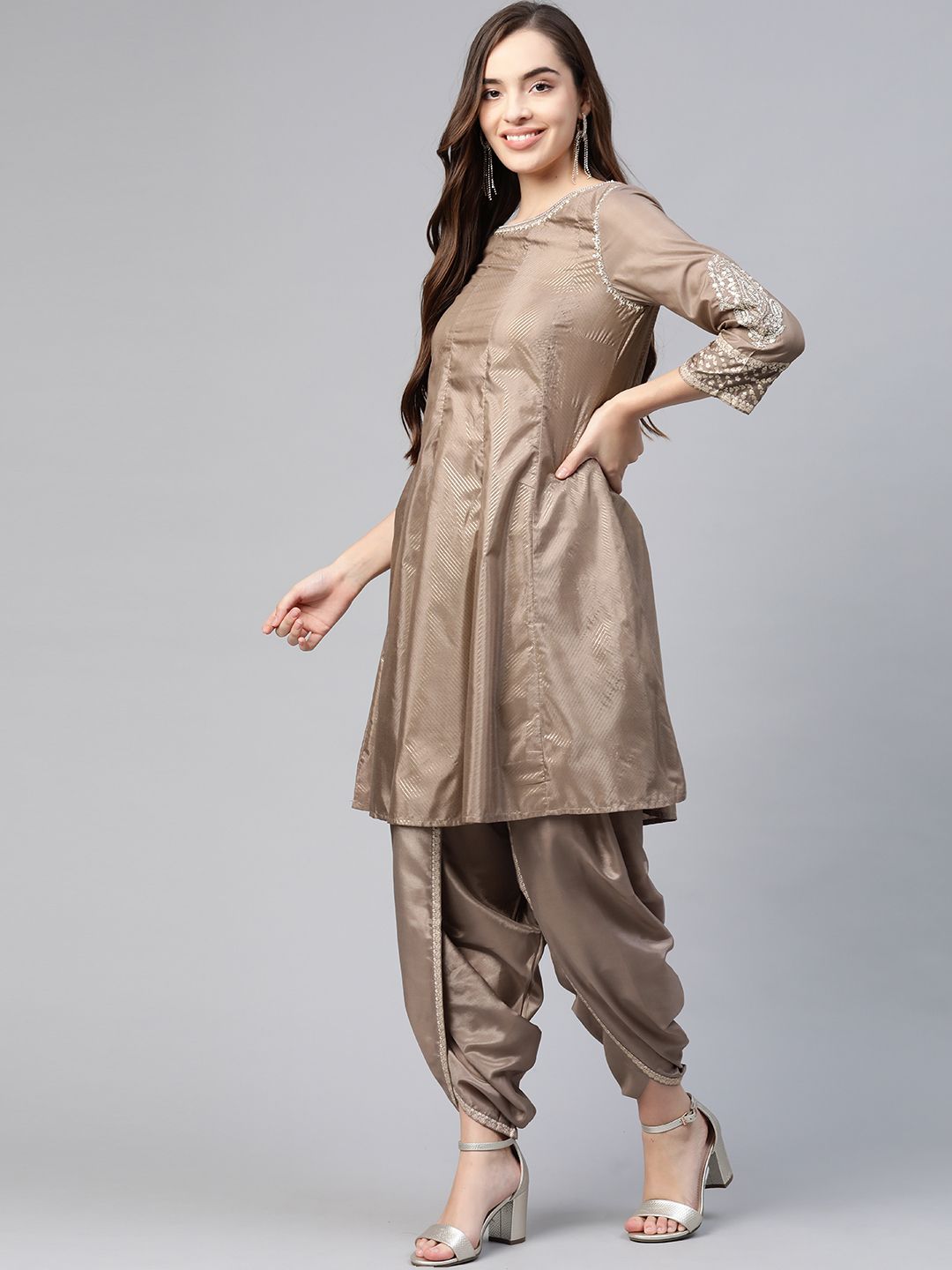 W Women Brown Striped Panelled Sequinned Kurta with Dhoti Pants & Dupatta