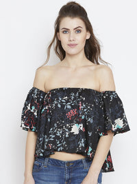 Berrylush Black & Blue Floral Off-Shoulder Flared Sleeves Crepe Bardot Crop Top