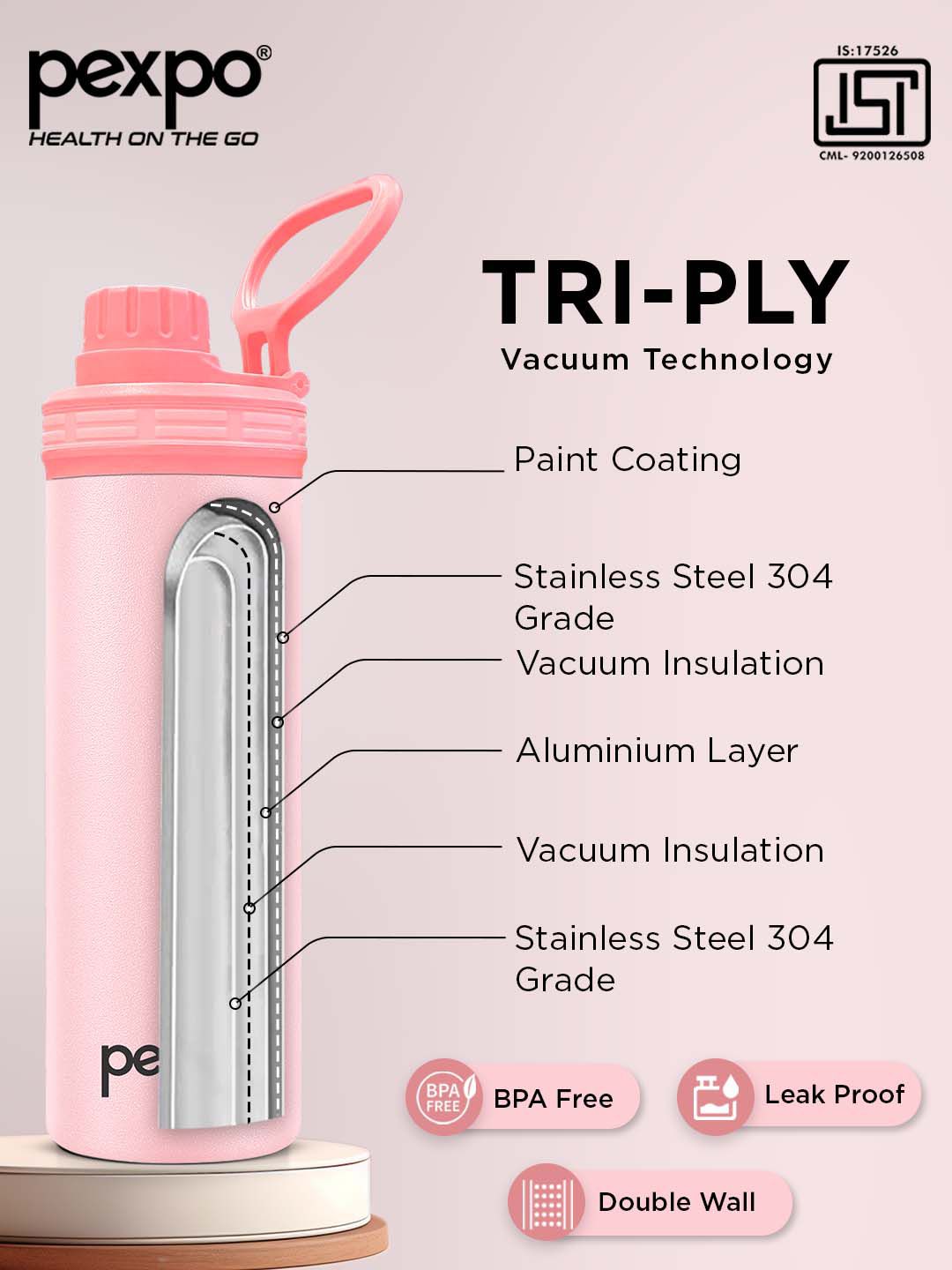 Pexpo Texas Baby Pink ISI Certified Thermosteel Hot Flask Insulated Water Bottle 500ml