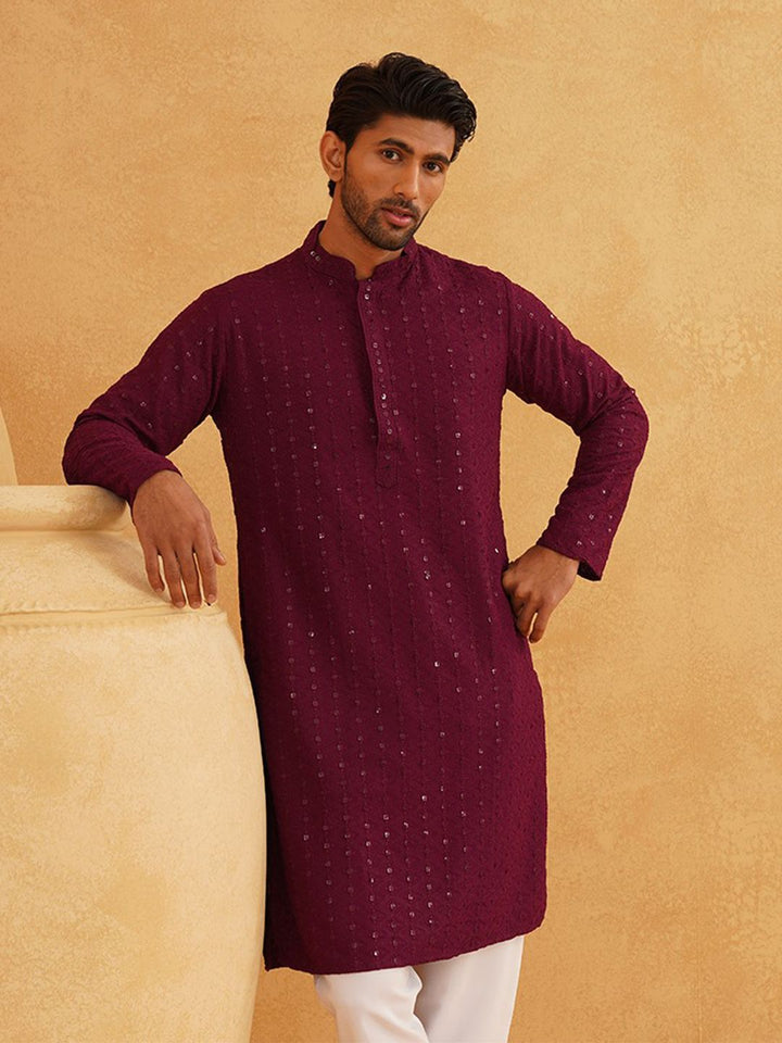 SOJANYA Embellished Sequinned Mandarin Collar Straight Pure Cotton Kurta