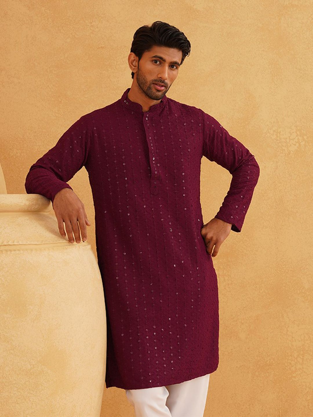 SOJANYA Embellished Sequinned Mandarin Collar Straight Pure Cotton Kurta