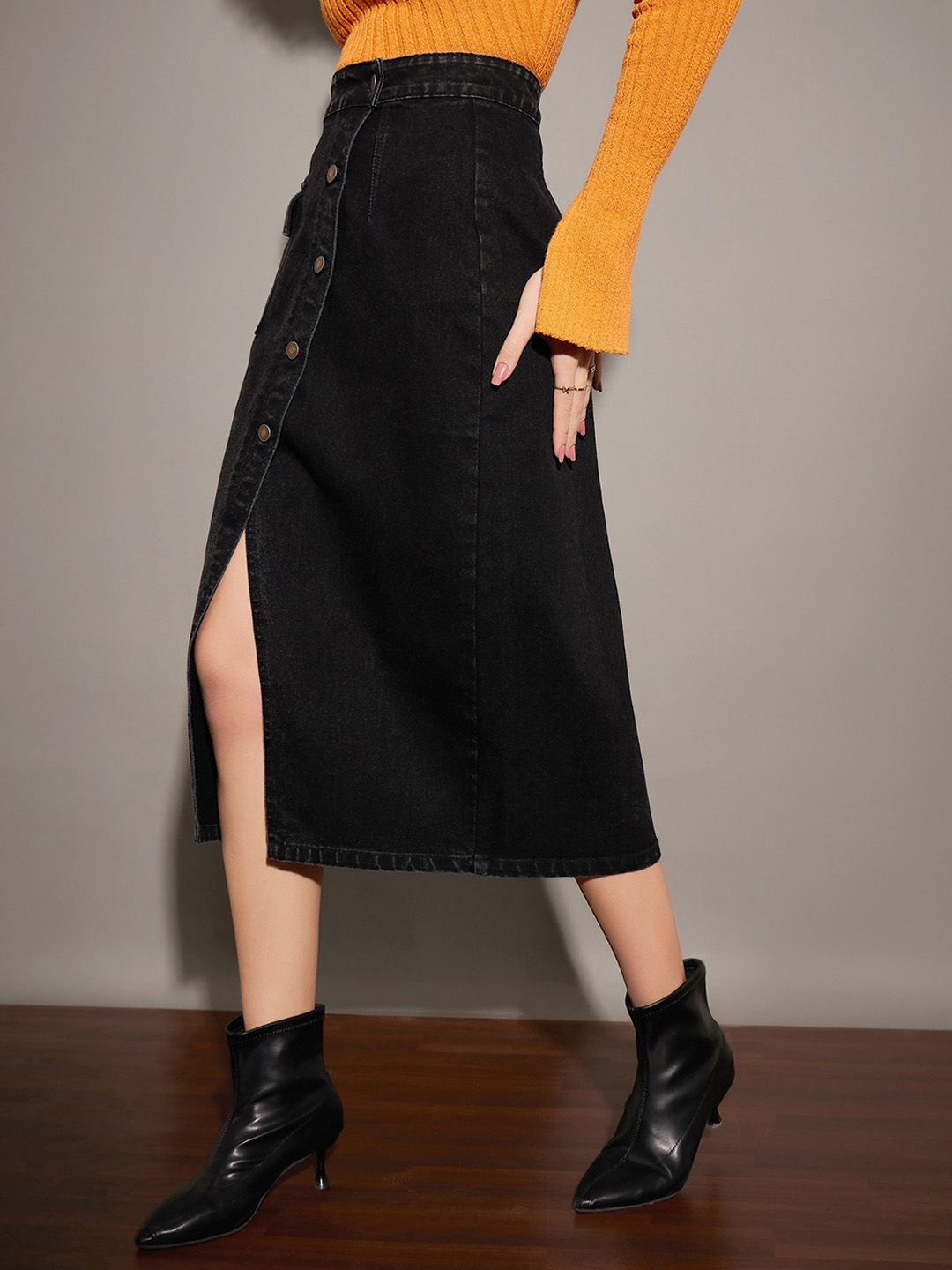 SASSAFRAS Black Front Slit Denim Wrap Midi Skirt