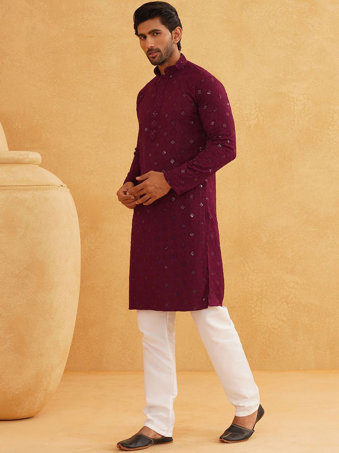 SOJANYA Geometric Embroidered Mandarin Collar Sequinned Pure Cotton Kurta with Churidar