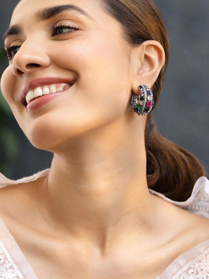 Rubans Black-Toned Multicolour Gemstone & Cubic Zirconia Studded Statement Hoop Earrings