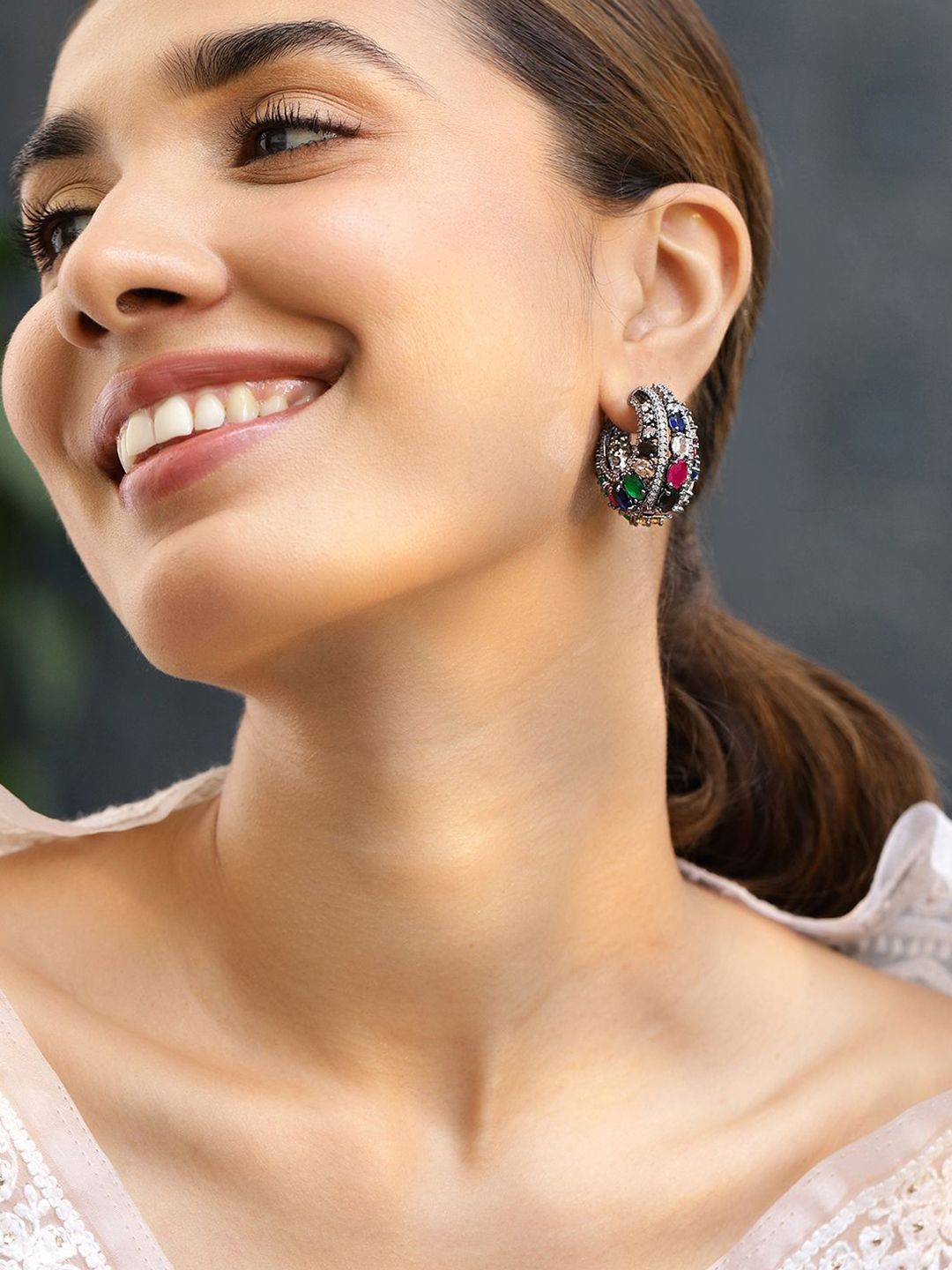 Rubans Black-Toned Multicolour Gemstone & Cubic Zirconia Studded Statement Hoop Earrings