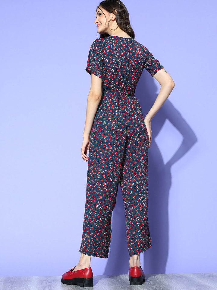 Berrylush Women Navy Blue Printed Wrap it Up Jumpsuit