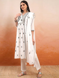Vishudh Off White Floral Embroidered Pure Cotton Anarkali Kurta With Trousers & Dupatta