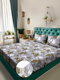 Myntra Elegant Homes Purple Leaf 300 TC Fitted Super King Bedsheet with 2 Pillow Covers