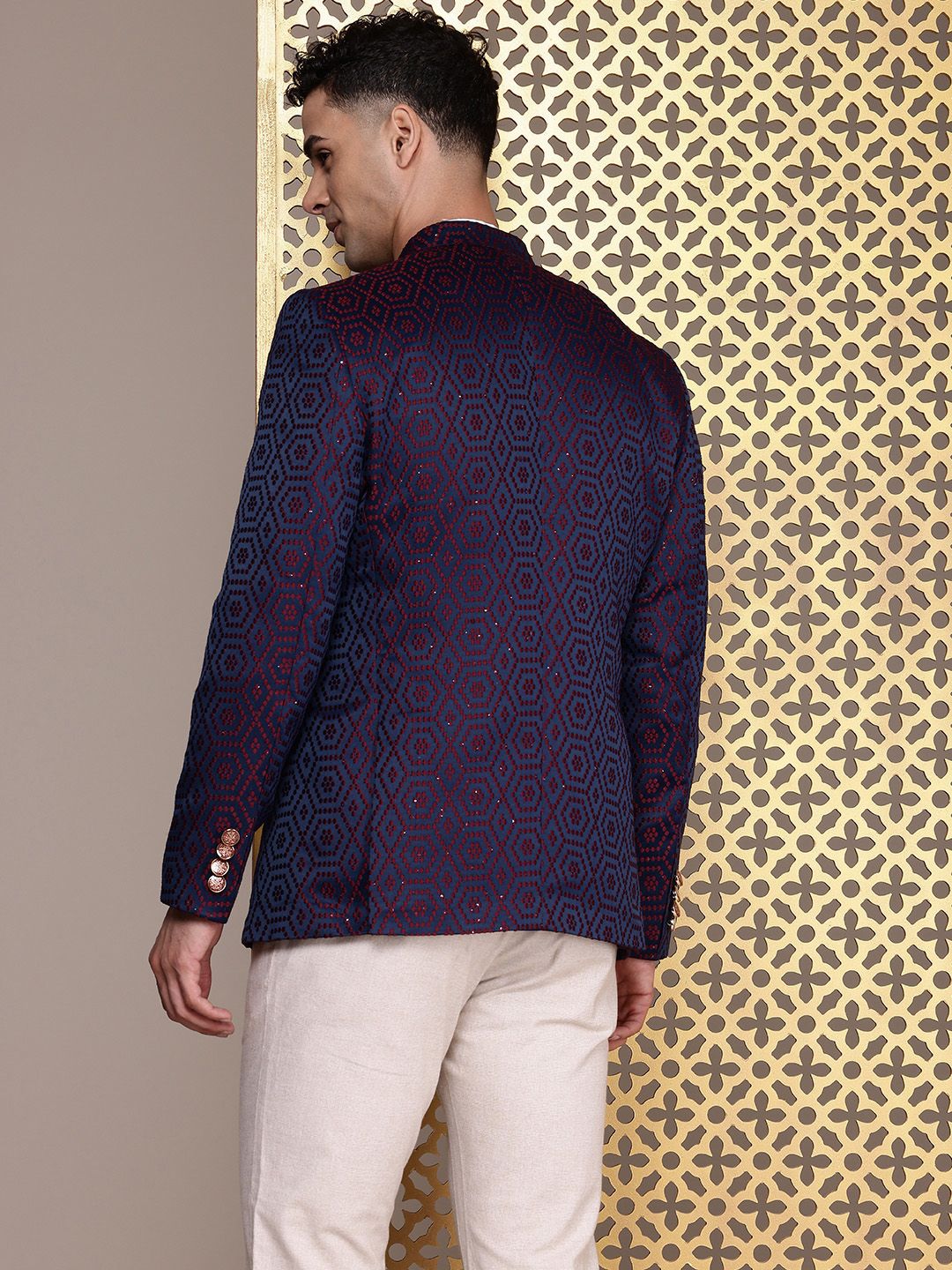 House of Pataudi Geometric Self Design Jashn Ethnic Mandarin Collar Blazer