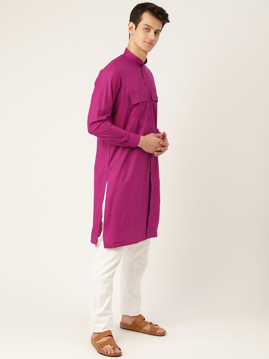 SOJANYA Men Magenta Solid Straight Kurta