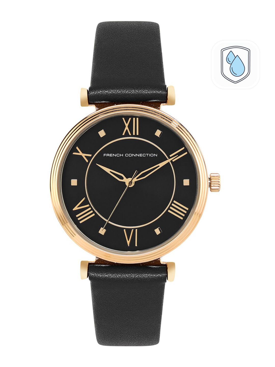 Sambungan Perancis Wanita Hitam Dail Dail & Kulit Hitam Tali Analog Watch