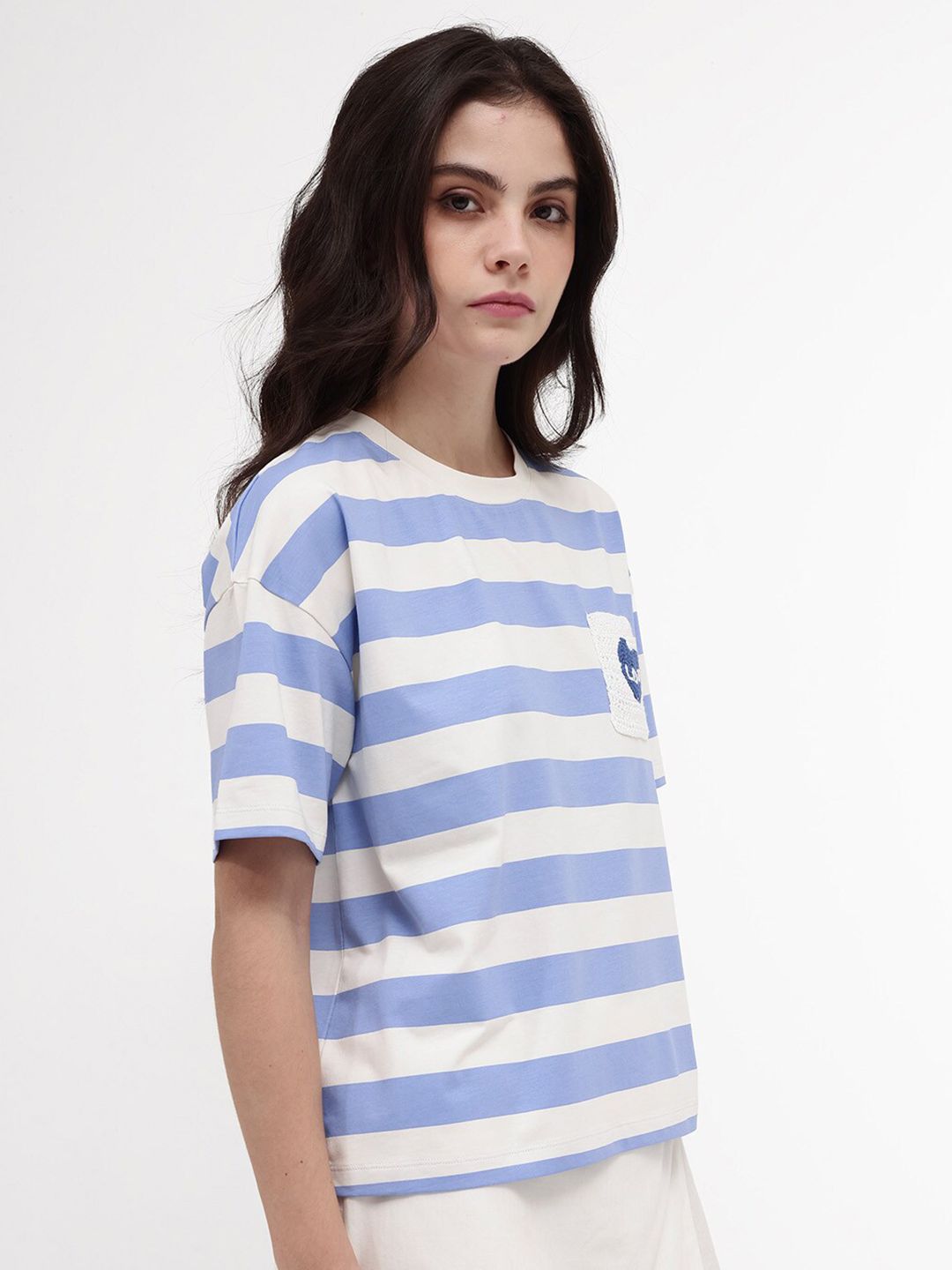 RAREISM Horizontal Striped Drop Shoulder Crochet Pockets Cotton Boxy T-shirt