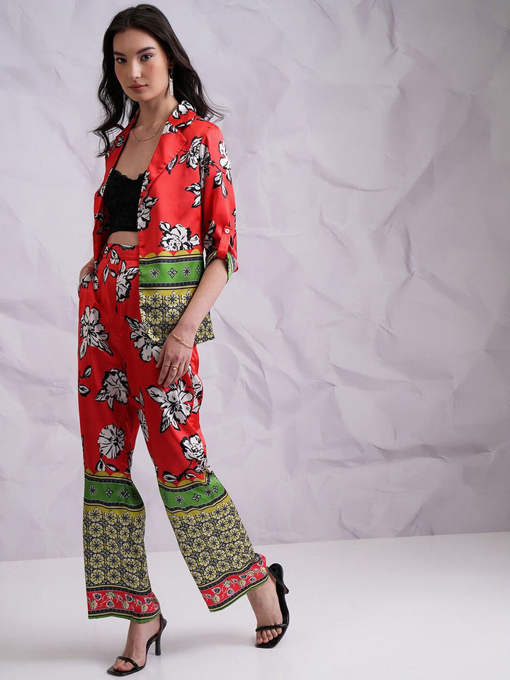 Tokyo Talkies Red Printed Lapel Collar Neck Blazer & Straight Trouser